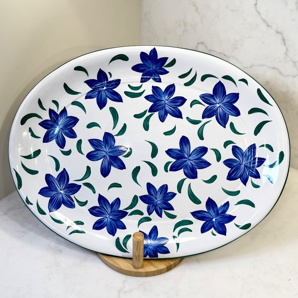 00's VTG R.B. Bernarda Large 16x12 Oval Blue Hibiscus Pansy Floral Platter